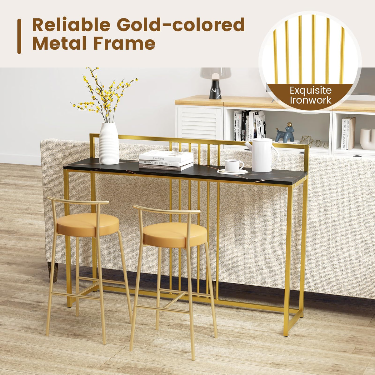 Giantex Modern Minimalist Console Table, Narrow Sofa Side Table w/Faux Marble Tabletop & Golden Steel Frame