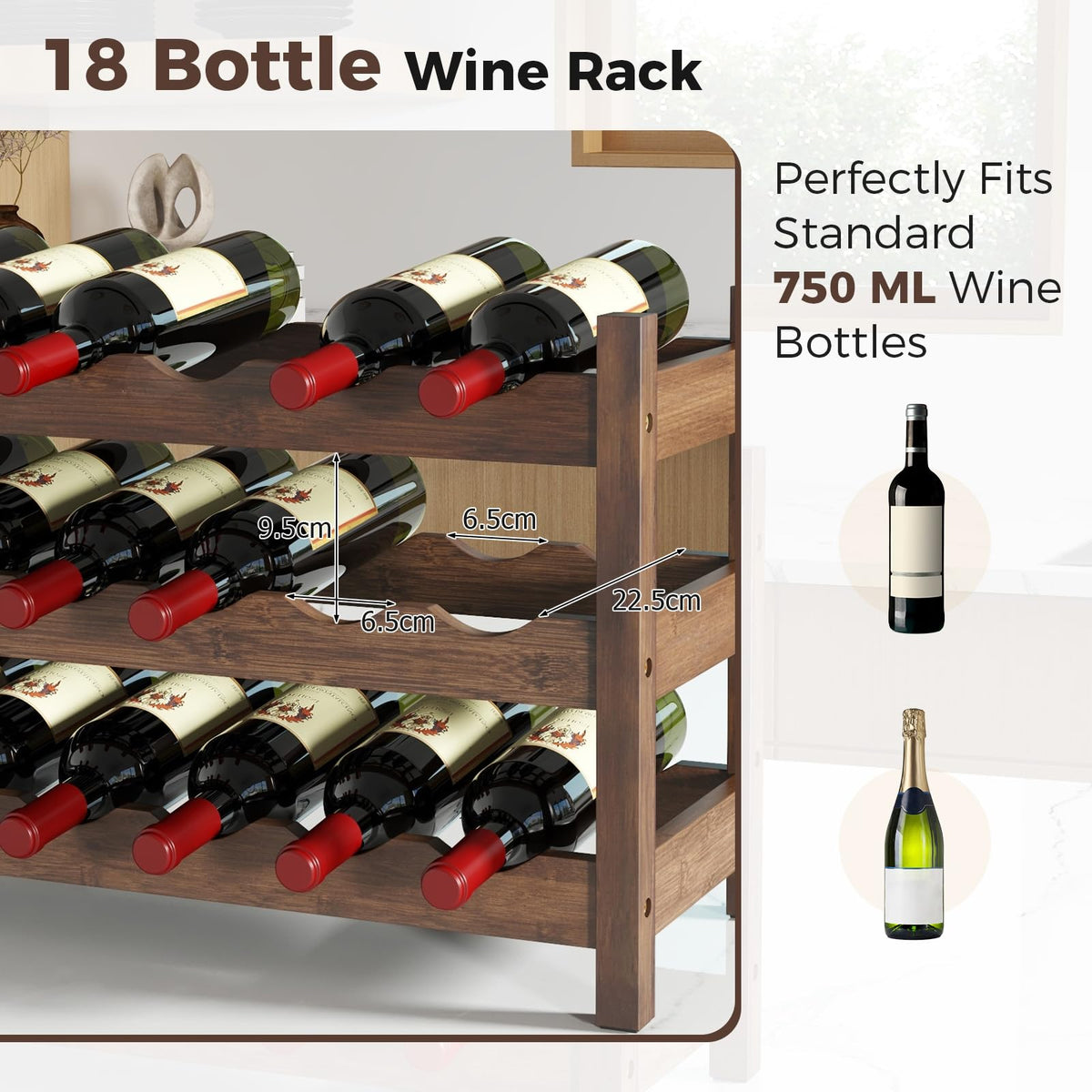 Giantex 3-Tier Bamboo Wine Rack, 18-Bottle Tabletop Wine Holder