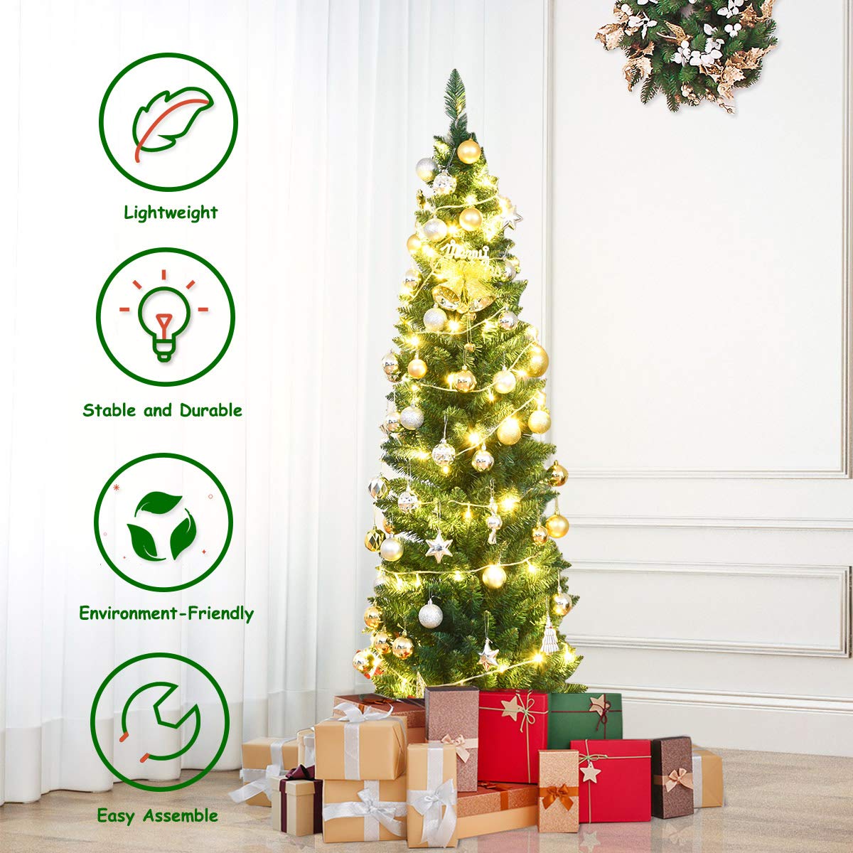 Classic Natural Christmas Tree, Foldable and Flexible Stand, PVC Plastic Thick Leaves, Traditional Indoor & Outdoor Decoration (Green) (1.8M)