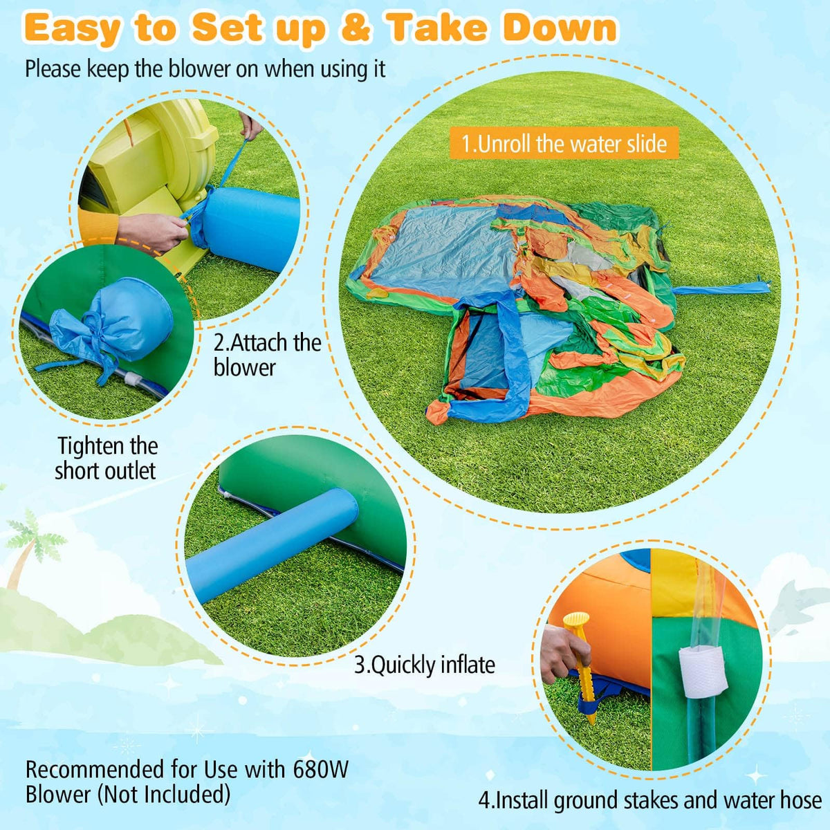 Inflatable Water Slide, Kids Water Park w/Long Slides, Splash Pools, Climbing Wall, Water Gun