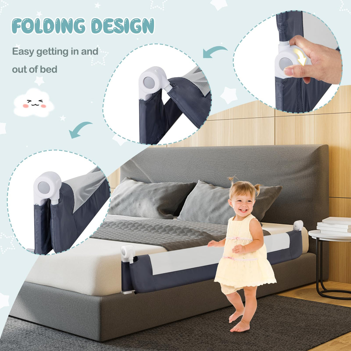 152cm x 42cm Foldable Swing Down Baby Bed Guard Rail