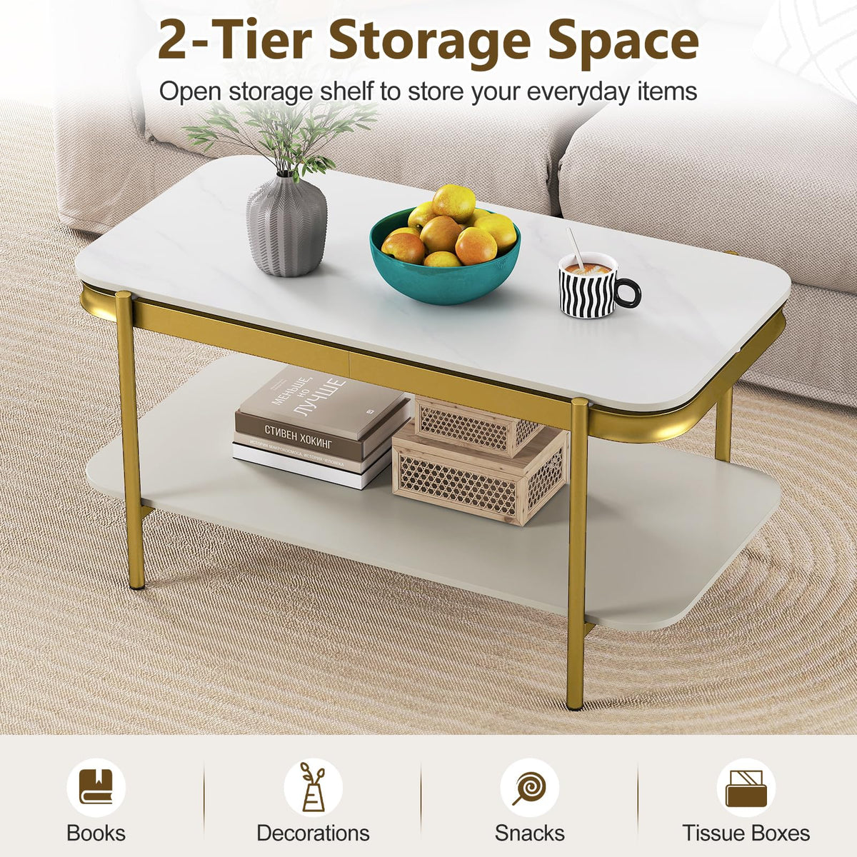 Modern Rectangular Coffee Table with Sintered Stone Top & Storage Shelf for Indoor
