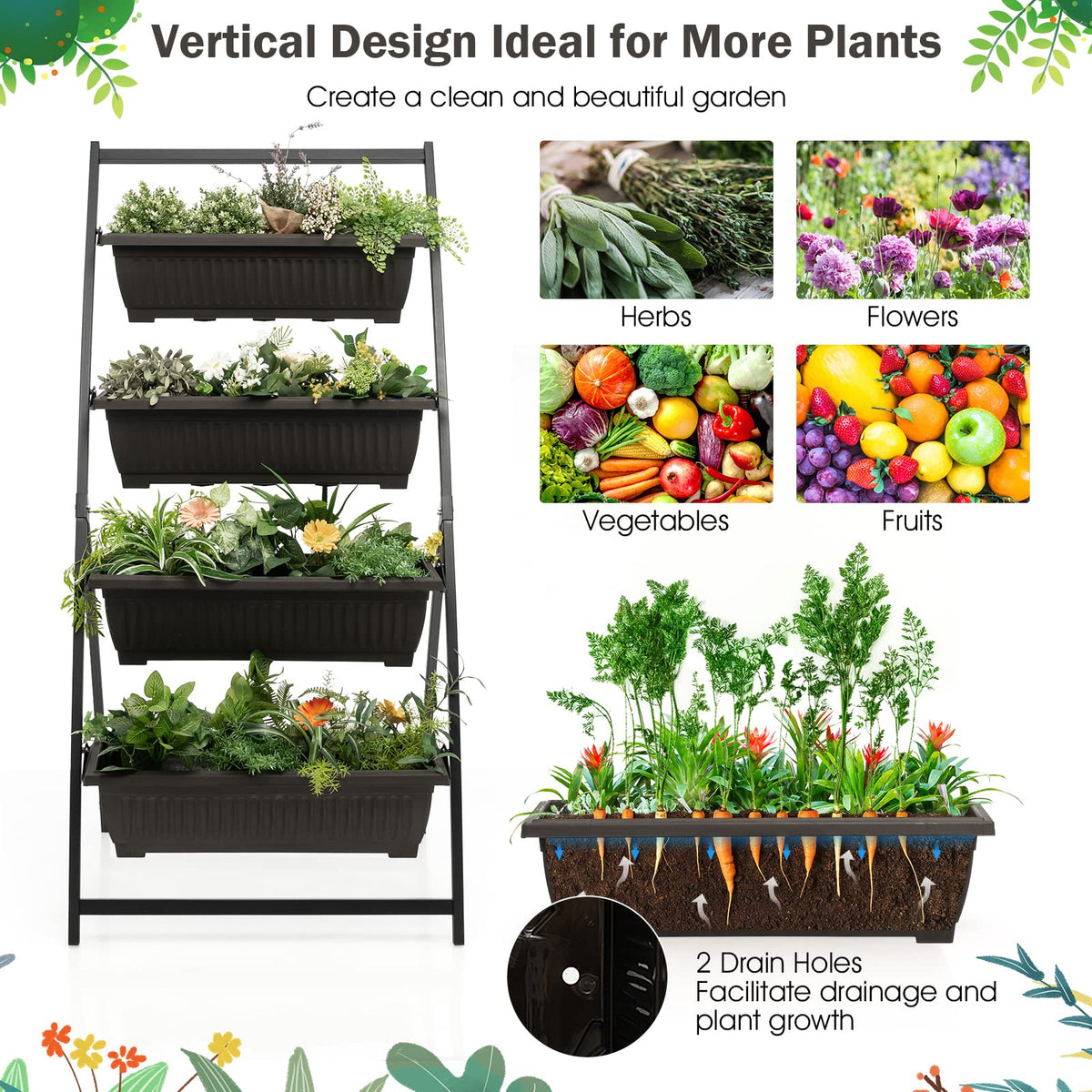 160 cm Vertical Raised Garden Bed, 4-Tier Elevated Planter Box