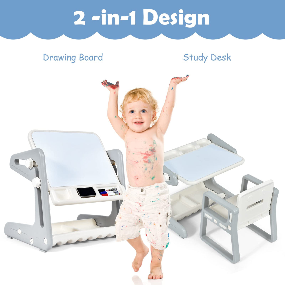 Kids Table & Chair, 2 in 1 Toddler Art Easel w/Adjustable Painting Board