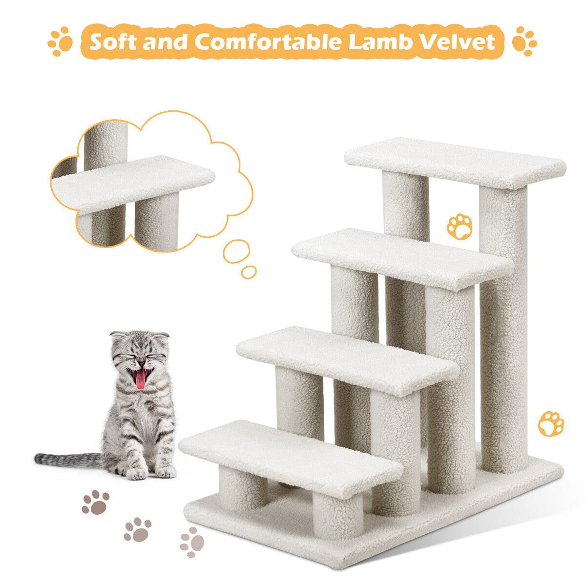 4-Step Pet Stairs for Cats and Dogs, Carpeted Cat Scratching Post Pet Ramp