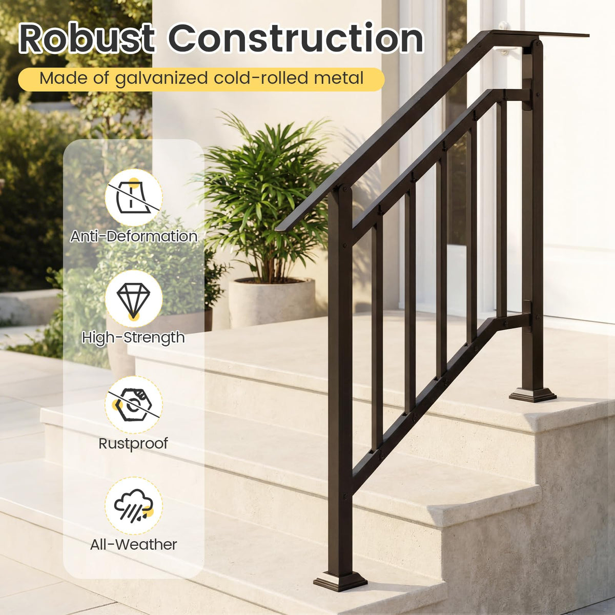 2 Pack Handrails for Outdoor Steps, 3-Step Galvanized Metal Hand Rails