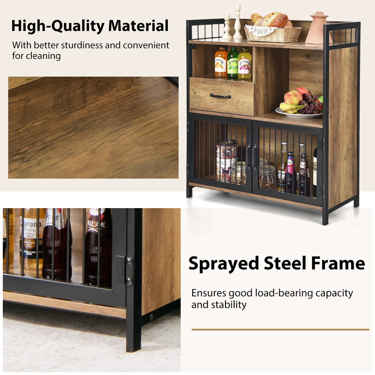 Giantex Industrial Sideboard Cabinet w/ Drawer & Doors, Freestanding Storage Cabinet, Rustic Brown