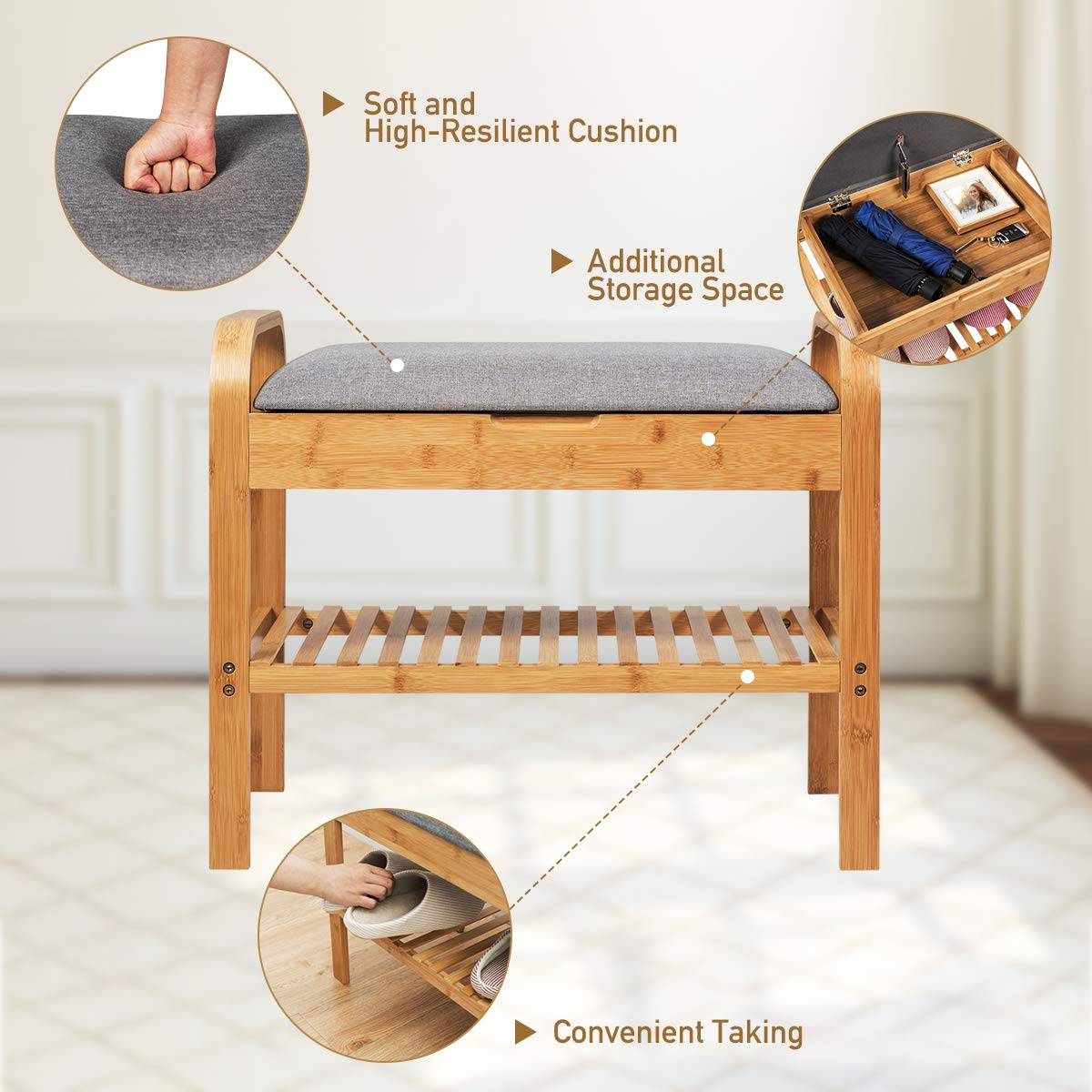 Giantex Shoe Rack Bench, Bamboo Shoe Rack with Cushioned Seat and Storage Space, Padded Seat Shoe Bench w/Storage Shelf