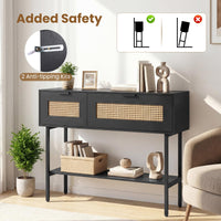 Rattan Console Table with Flip Doors and Open Storage Shelf