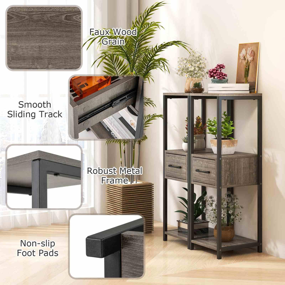 2 Pack 3 Tier Tall Metal Plant Stand with Drawer