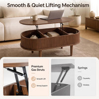 Oval Lift Top Fluted Design Coffee Table with Storage and Raised Wood Feet