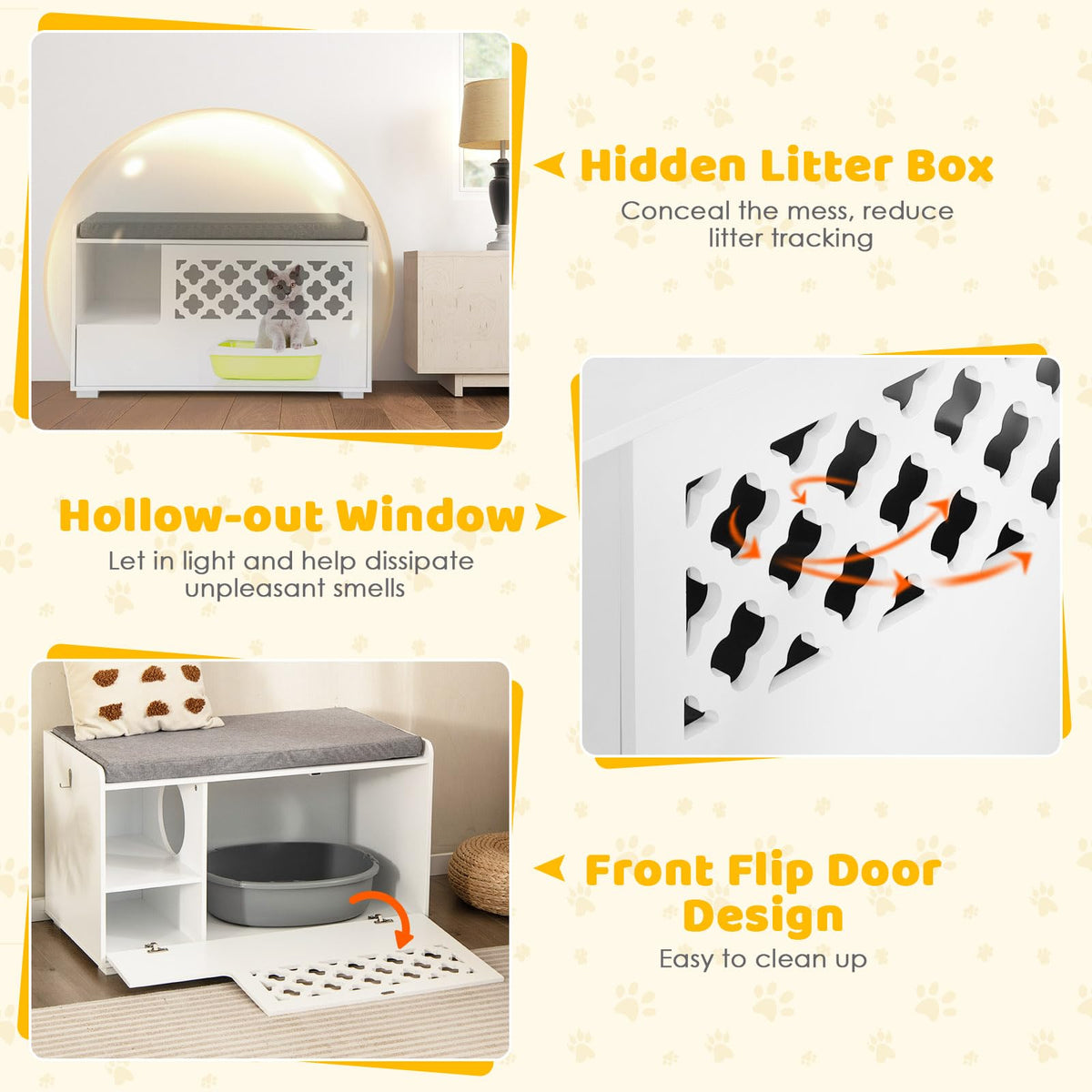 Cat Litter Box Enclosure, Cat Litter Box Bench, Storage Cabinet Furniture Hidden with Removable Cushion