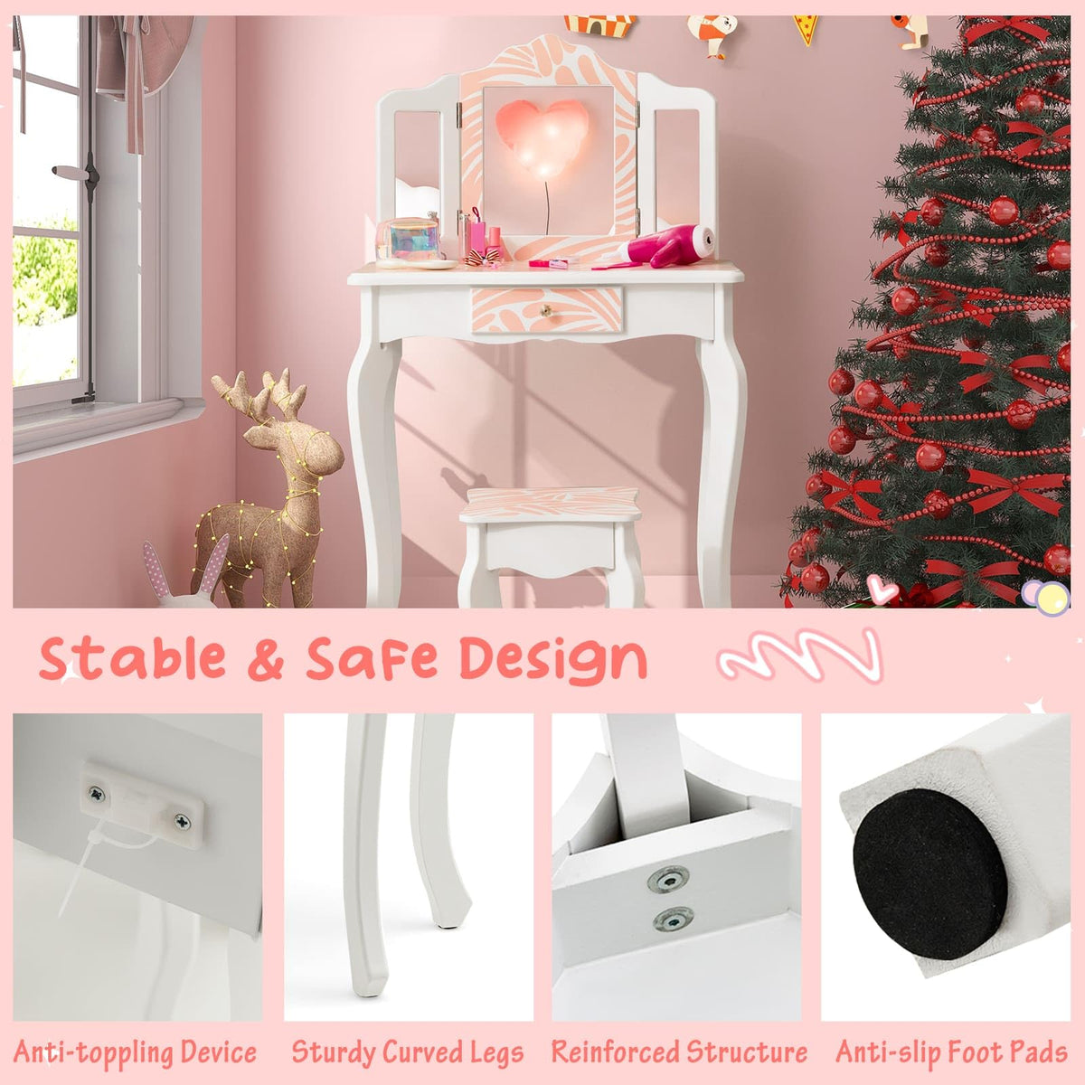 Kids Vanity Set with Tri-folding Mirror, Drawer and Stool