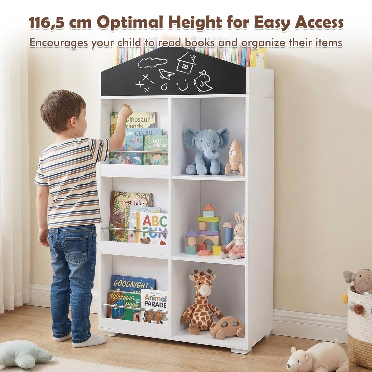 House Shaped Kids Bookshelf, Toy Storage Organizer w/Compartments & Chalkboard