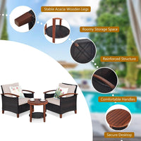 3 Piece Patio Sofa Set, 2 Rattan Chairs w/ 2-Tier Coffee Table