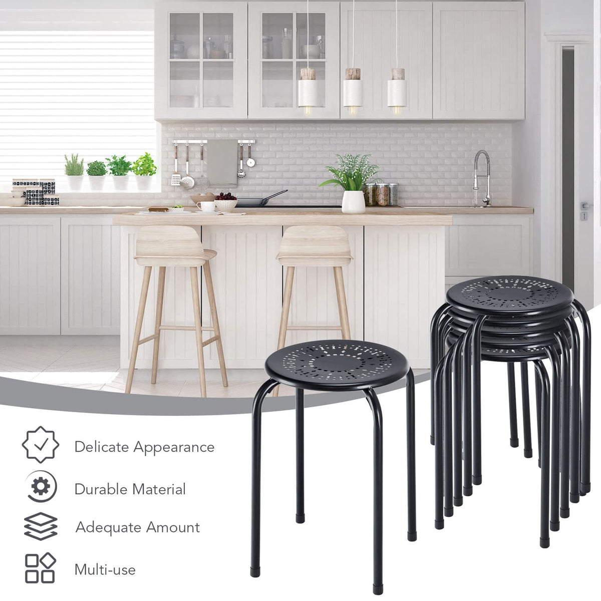 Set of 6 dining stools, Stackable Round Steel Stools