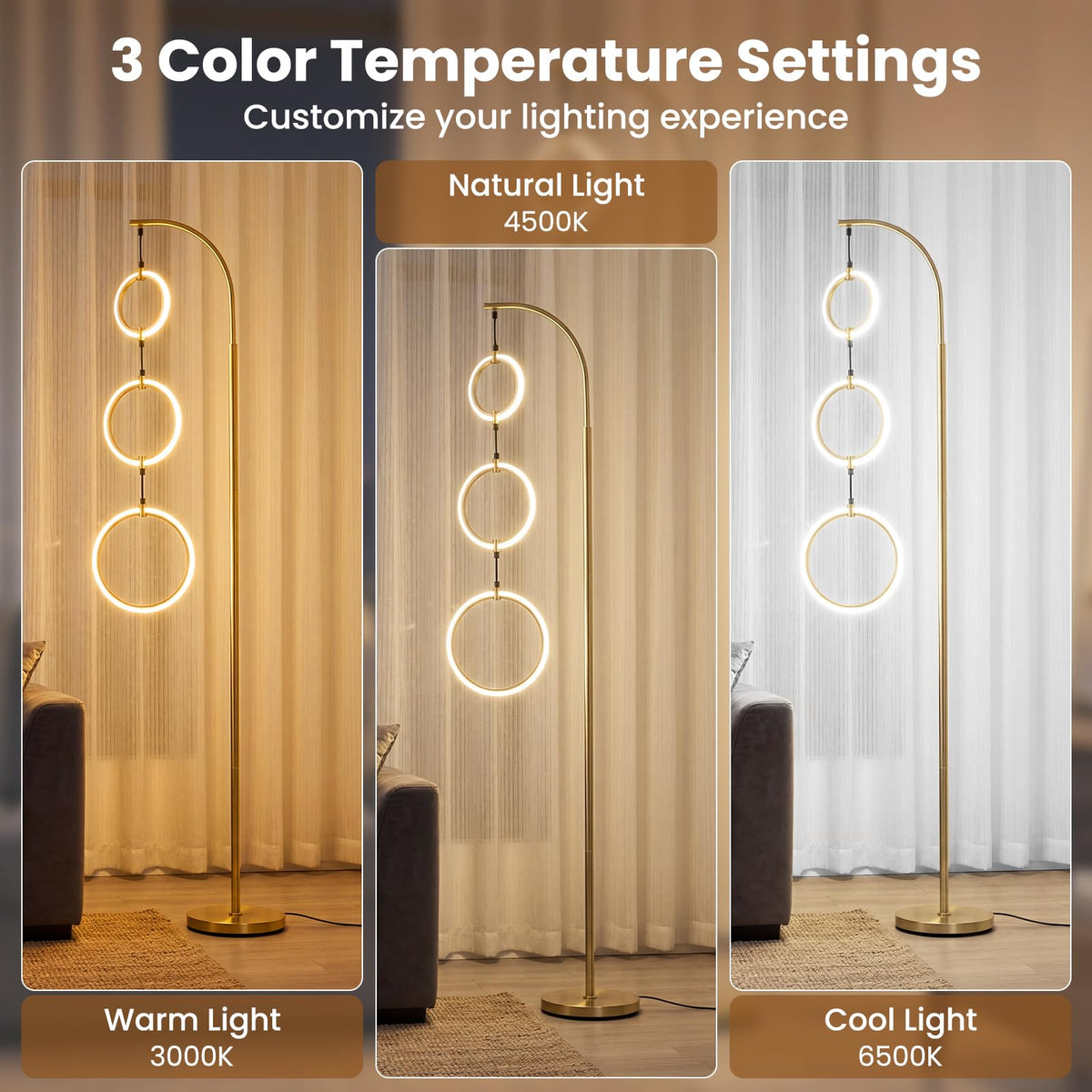 3-Circle Dimmable LED Floor Lamp with Foot Switch & 3 Color Temperatures for Room