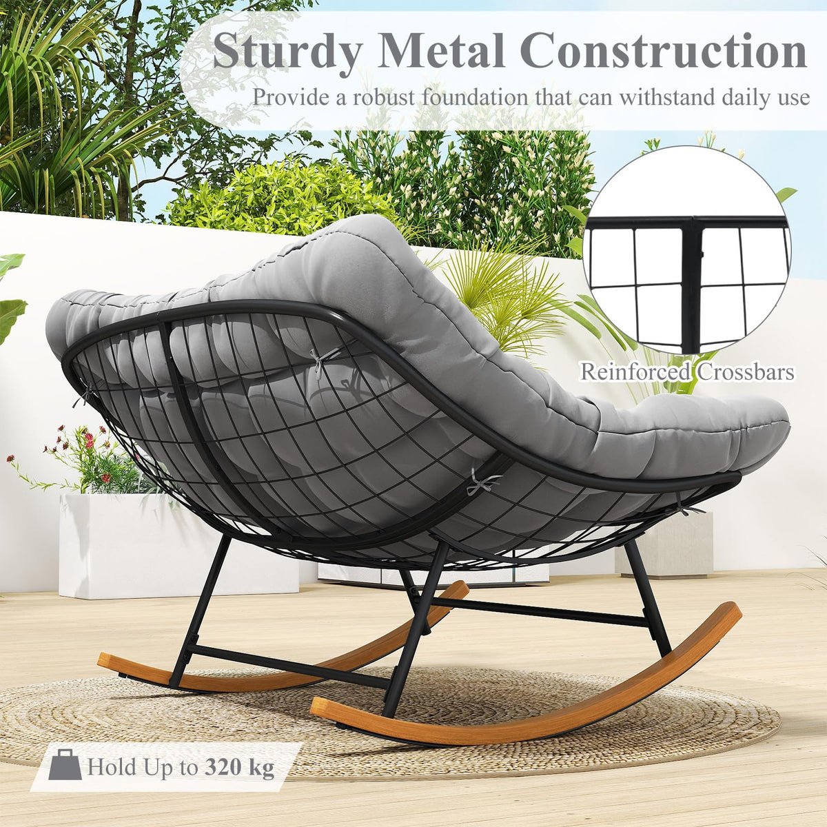 150 cm Double Papasan Rocking Chair with Thick Cushion for 2