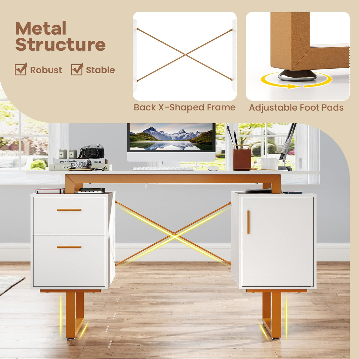 Convertable Computer Vanity Desk Computer Desk 129cm Desk w/ Floating Desktop Vanity Table for Home & O ...