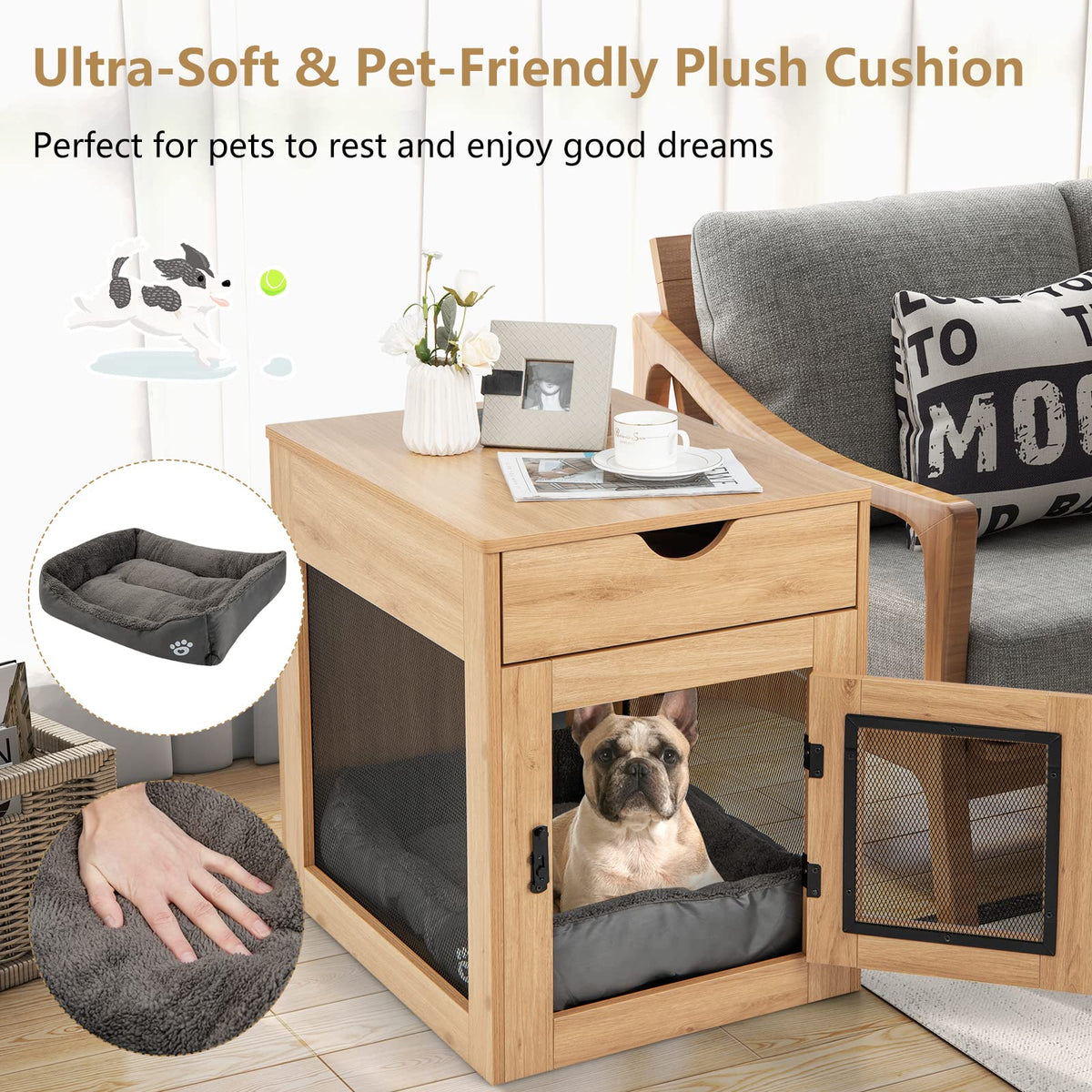 Furniture Style Dog Crate with Wired & Wireless Charging, Decorative Dog Kennel End Table w/Drawer, Removable Dog Bed