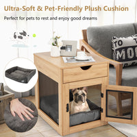 Furniture Style Dog Crate with Wired & Wireless Charging, Decorative Dog Kennel End Table w/Drawer, Removable Dog Bed