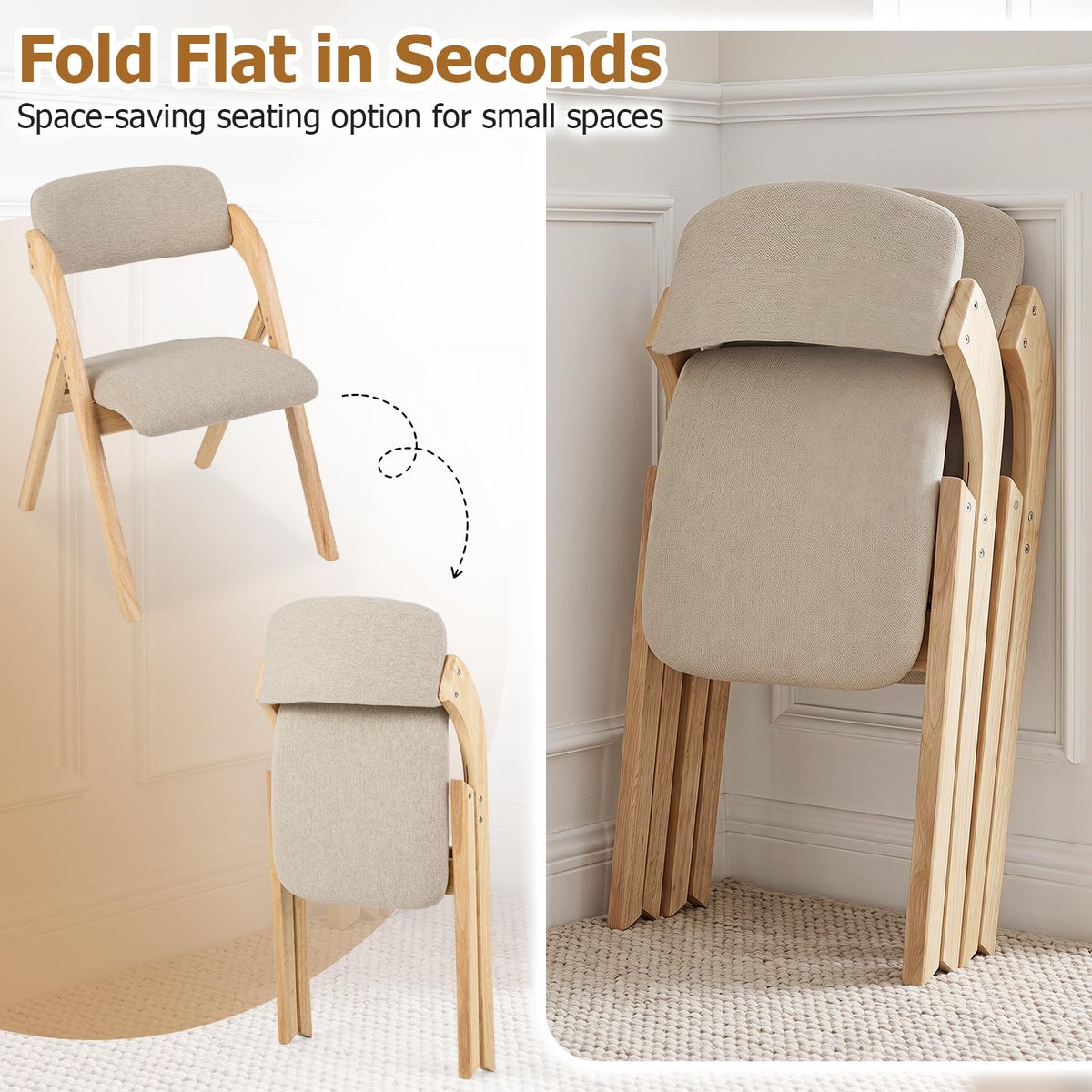 Wooden Folding Dining Chairs with Linen Fabric Padded Seat Set of 2