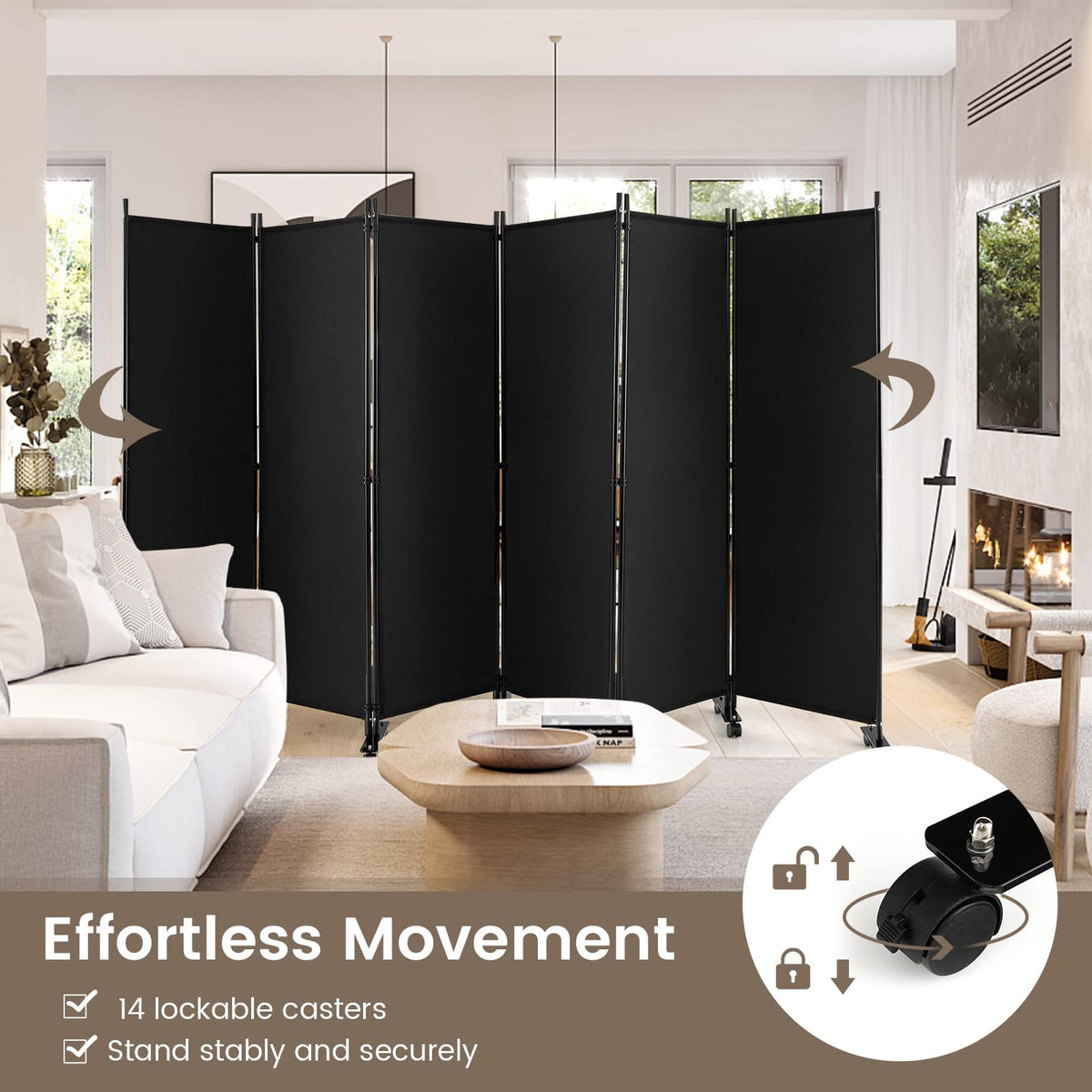 Lockable Utility Screen Panel Giantex 6-Panel Folding Room Divider, 1.72m Rolling Privacy Screen wit ...