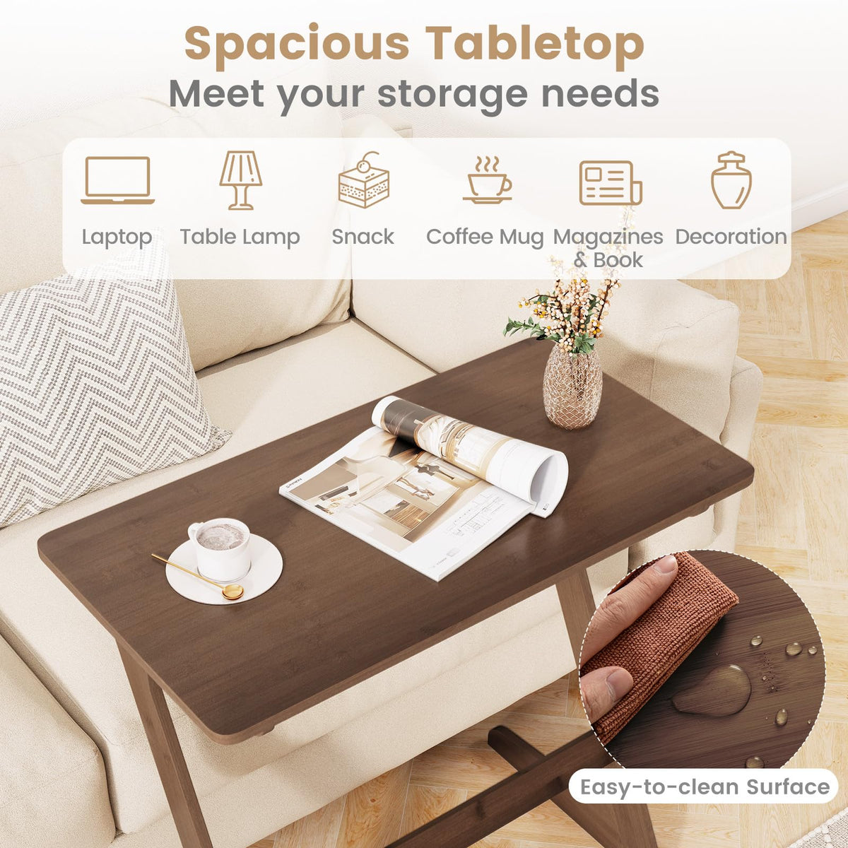 Giantex Bamboo Sofa Side Table, Z-Shaped End Table W/Spacious Tabletop