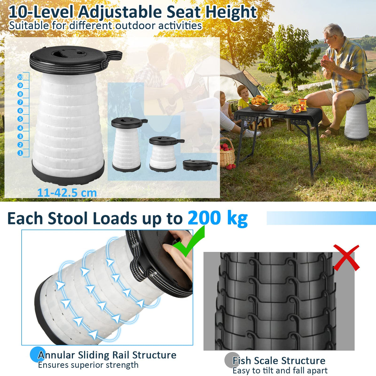 3-Piece LED Folding Table Stool Set with Retractable Design for Picnic/Camping