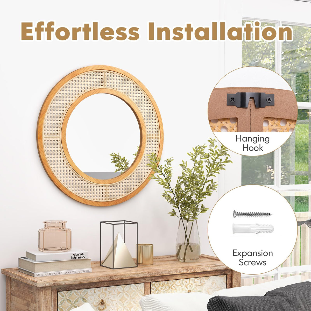 Giantex Rattan Round Wall Mirror, 65cm Wooden Framed Mirror with Aluminum Glass