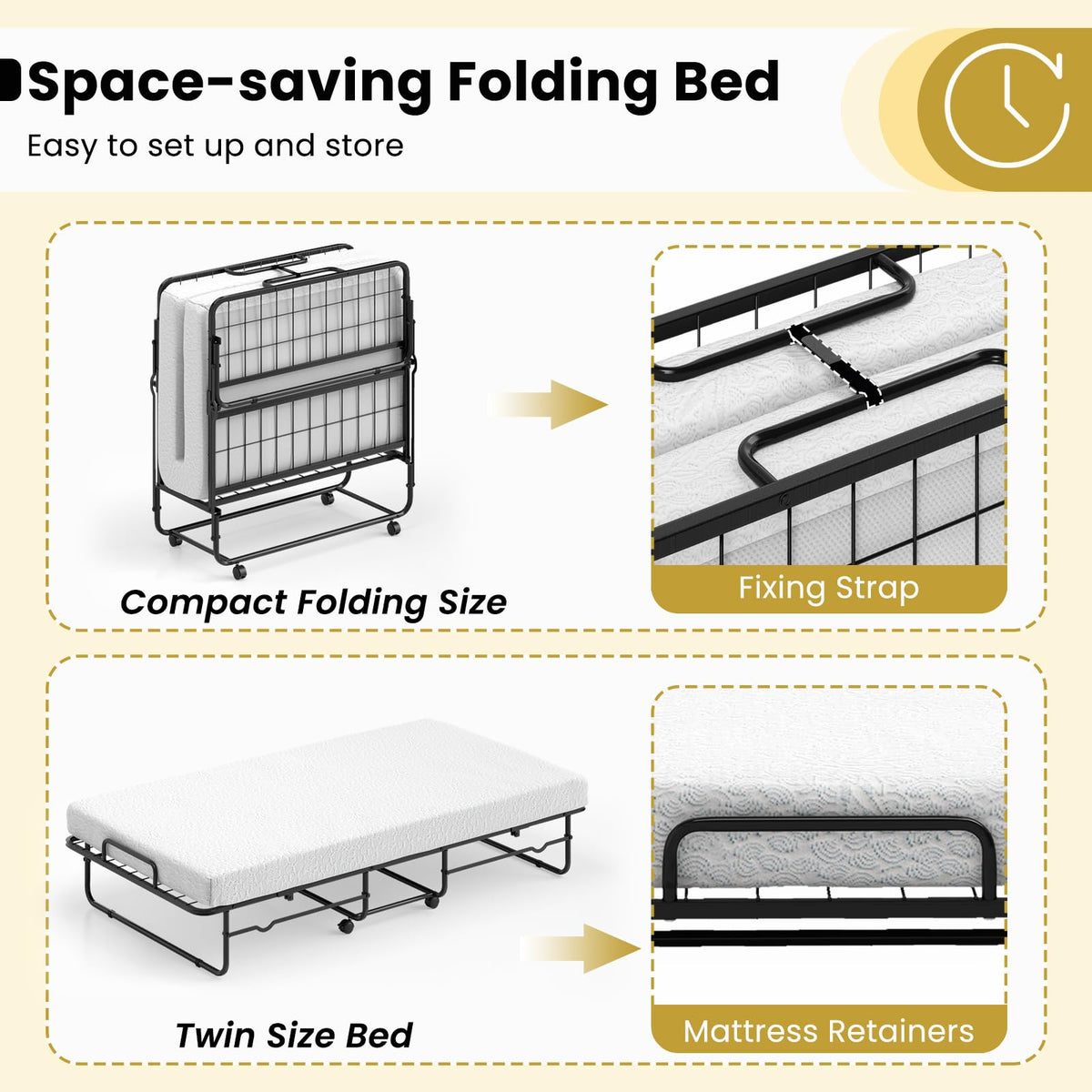 Twin Size Folding Bed, Rollaway Guest Bed with Memory Foam Mattress