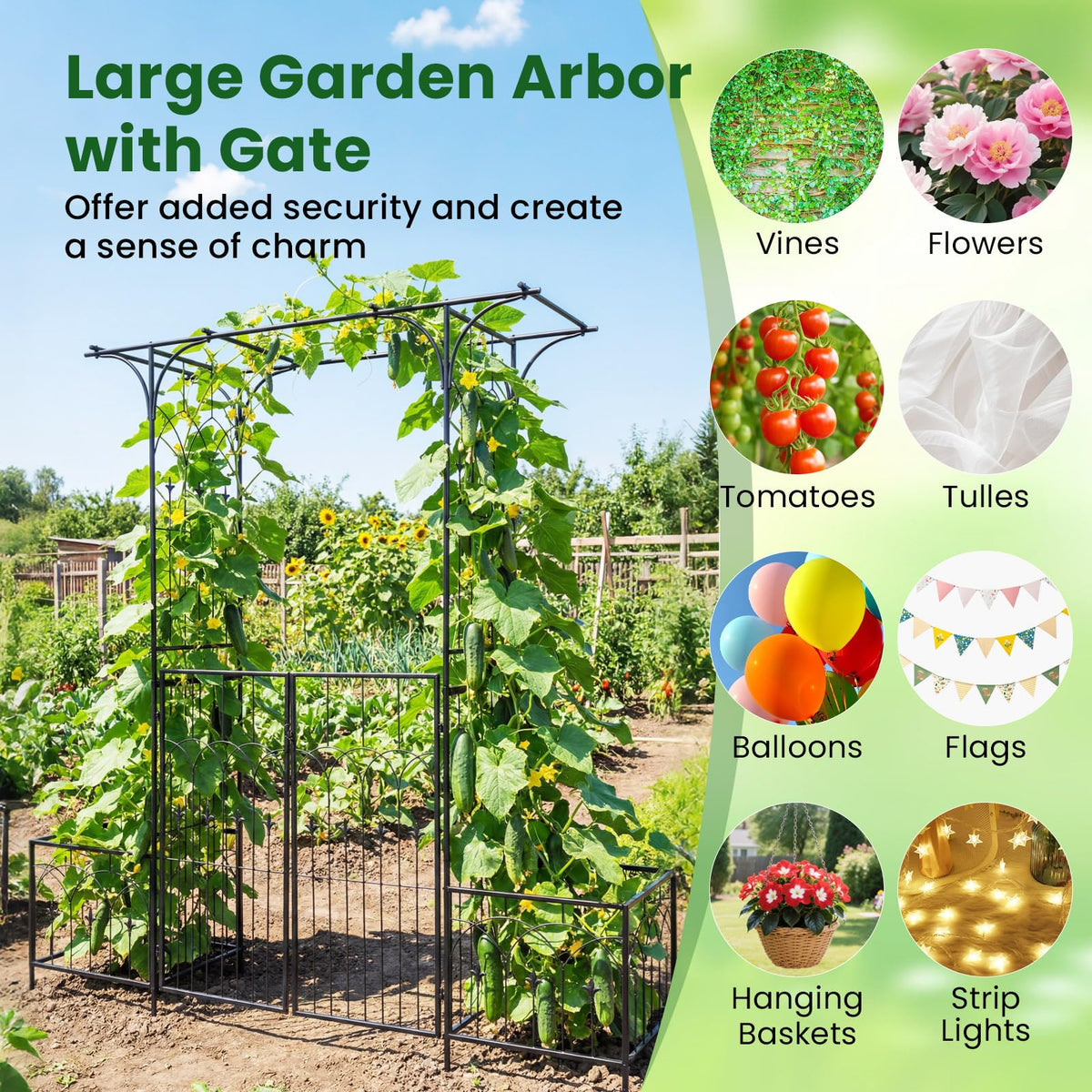 Garden Arch Trellis with Gate and Planter Boxes, 206cm Heavy Duty Metal Arbor