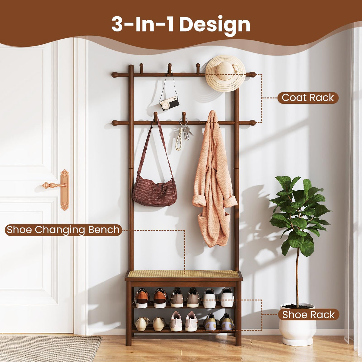 3-in-1 Hall Tree with 11 Hooks Hanging Rods and Shelves for Home