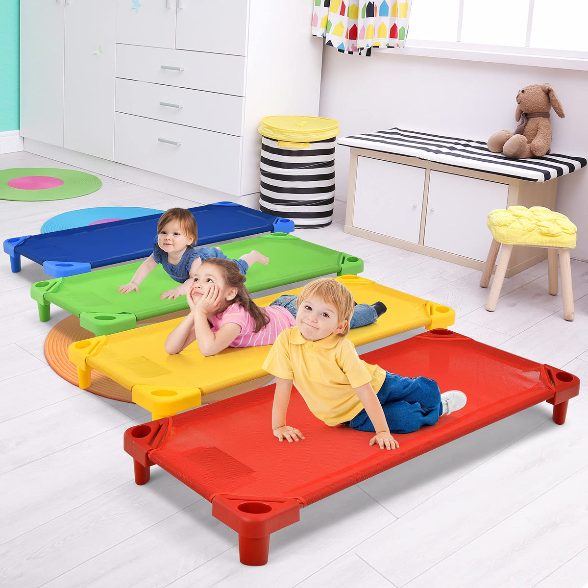 Kids Stackable Naptime Cot, Toddler Daycare Cots Rest Mat w/Easy Lift Corners