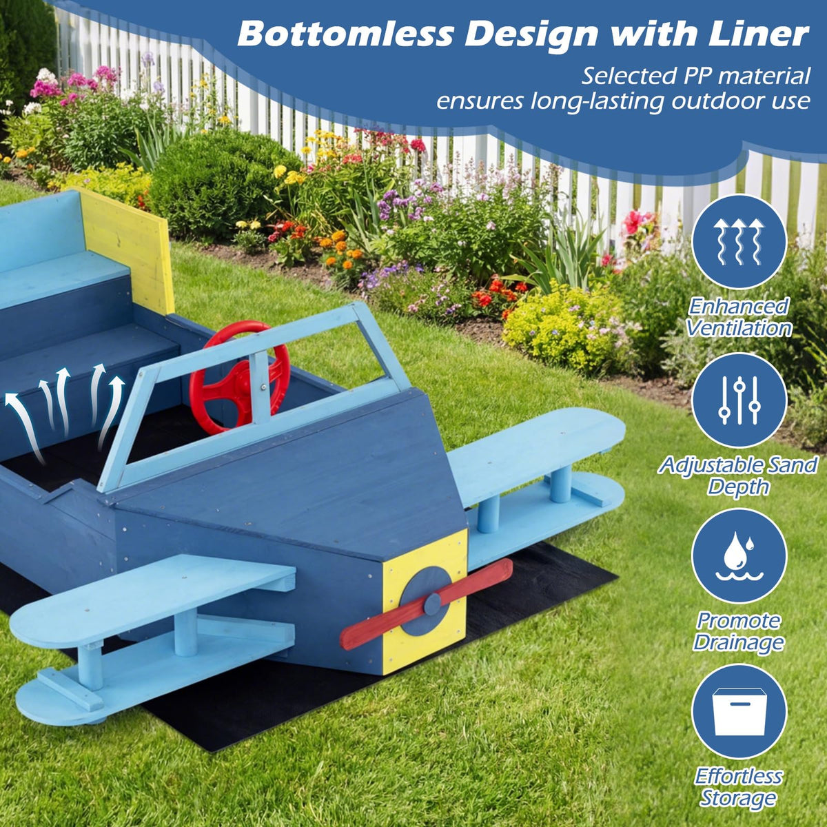 Glider-Shape Kids Sandpit, Large Wooden Outdoor Sand Box w/Bench Seat, Propeller, Rotatable Rudder and Side Wings