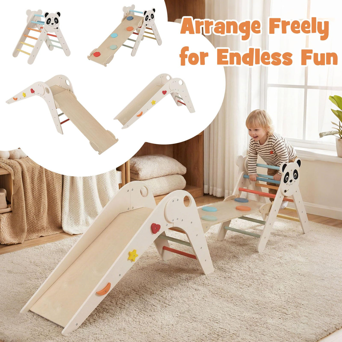 Foldable Panda-Themed Wood Montessori Climbing Set, Indoor Children Playground Jungle Gym