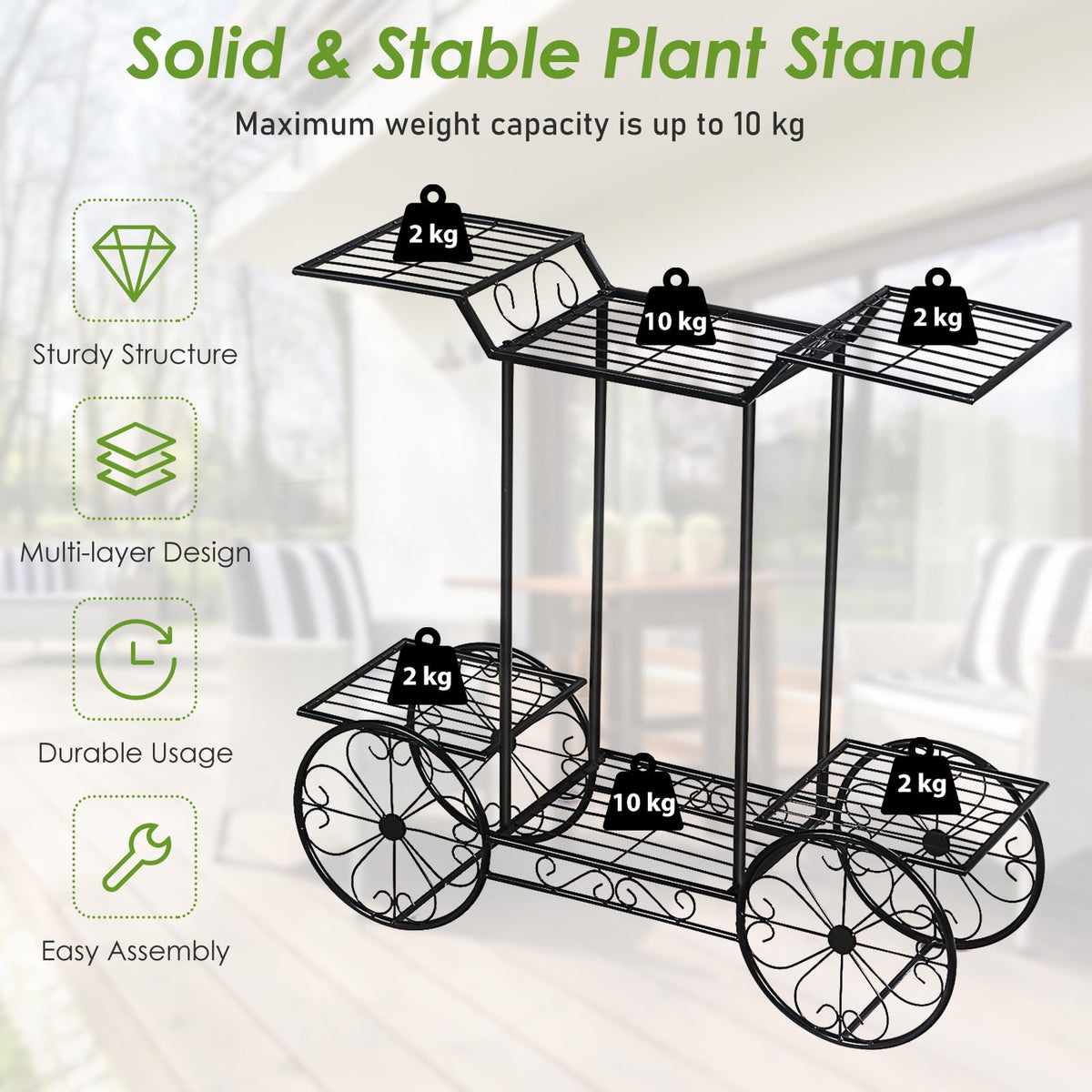 4-Tier Flower Stand, Iron Plant Stand for Indoor & Outdoor Use