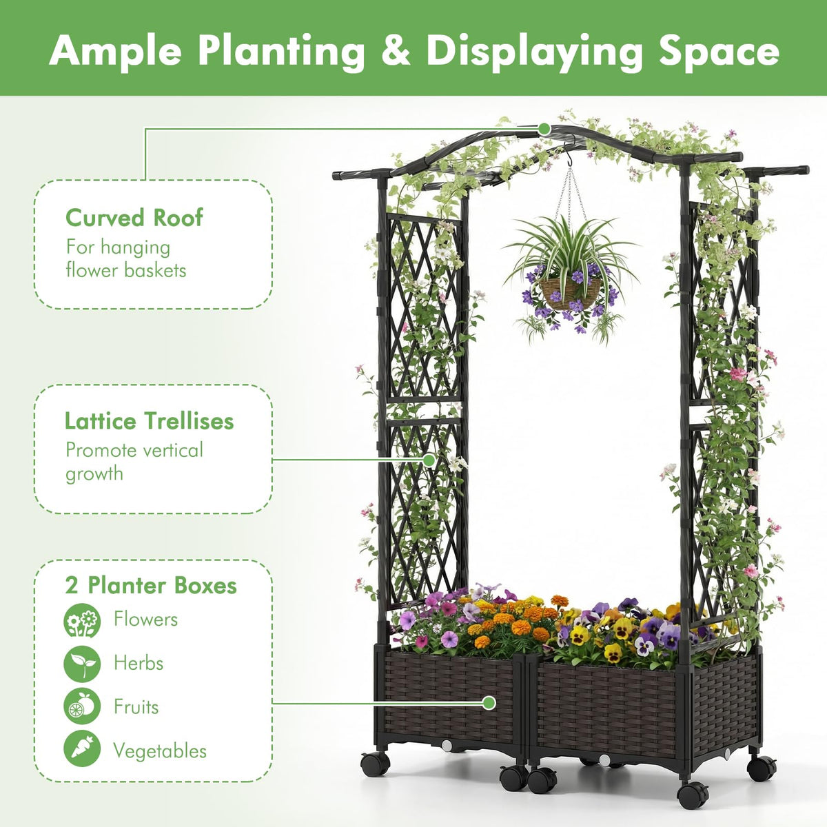 Self-Watering Planter Boxes w/Lattice Trellis & Roof