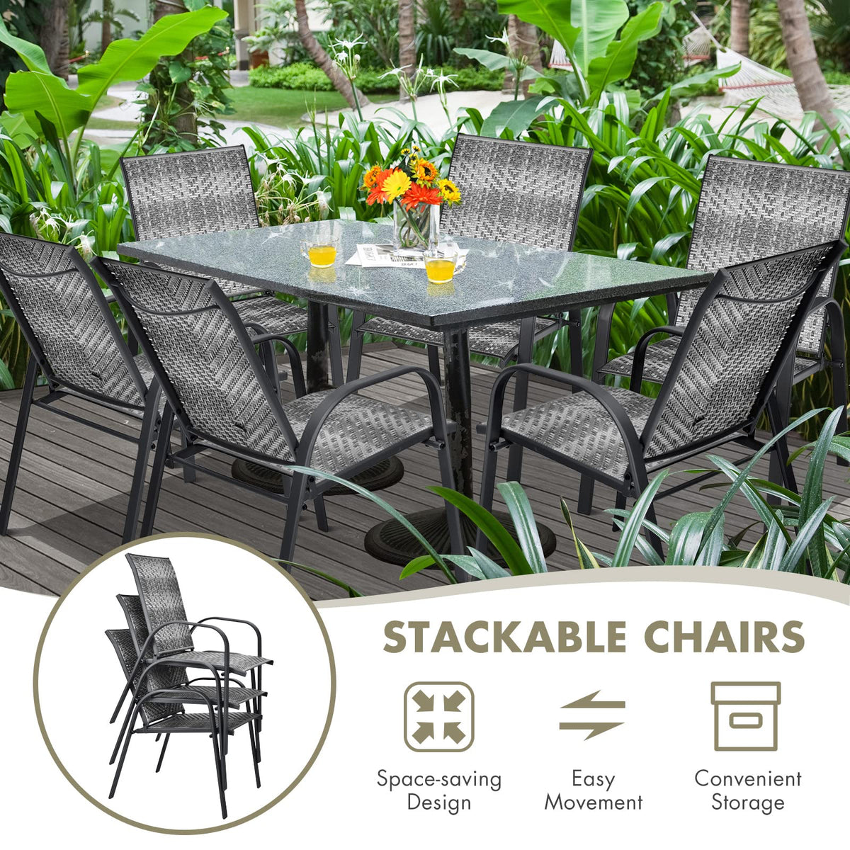 Set of 6 Outdoor PE Wicker Stackable Chairs for Garden & Yard & Deck & Lawn