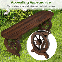 Patio Rustic Wood Bench, Carbonized Wood Long Bench w/Wagon Wheel Base