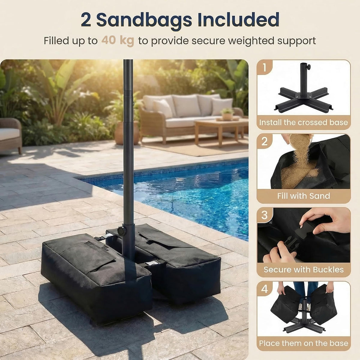 2.7M Patio Umbrella with 32 Solar LED Lights Weighted Base and Sandbags