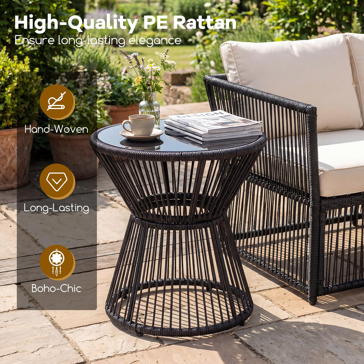Outdoor Side Table with LED Warm Light, PE Rattan Hourglass-Shaped End Table with Tempered Glass Top