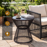 Outdoor Side Table with LED Warm Light, PE Rattan Hourglass-Shaped End Table with Tempered Glass Top
