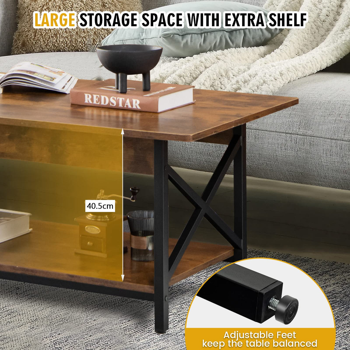 Giantex 2-Tier Industrial Coffee Table, Home Cocktail Table Tea Table with Storage Shelf and X-Shape Steel Frame