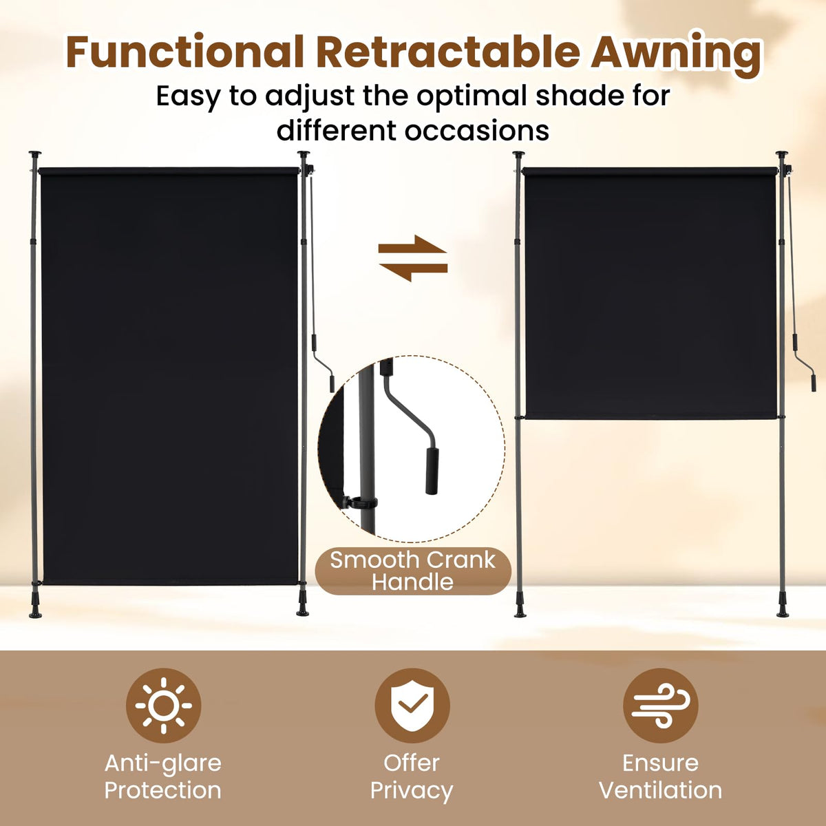 150/200 cm Vertical Retractable Patio Awning with Crank Handle
