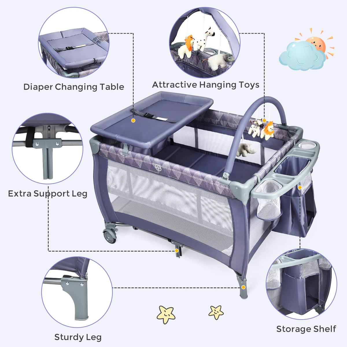 Portable Baby Bassinet, 3 in 1 Baby Travel Cot Activity Center with Changing Table