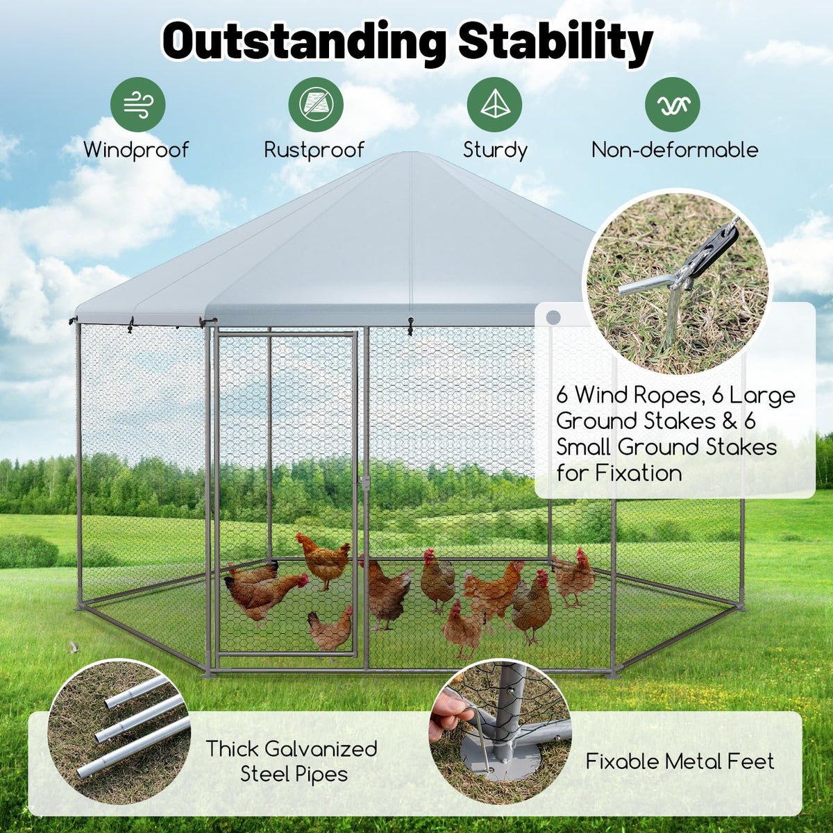 Metal Chicken Coop, Chicken Run House Spire-Shaped Cage w/Wire Mesh & Lockable Door for Duck