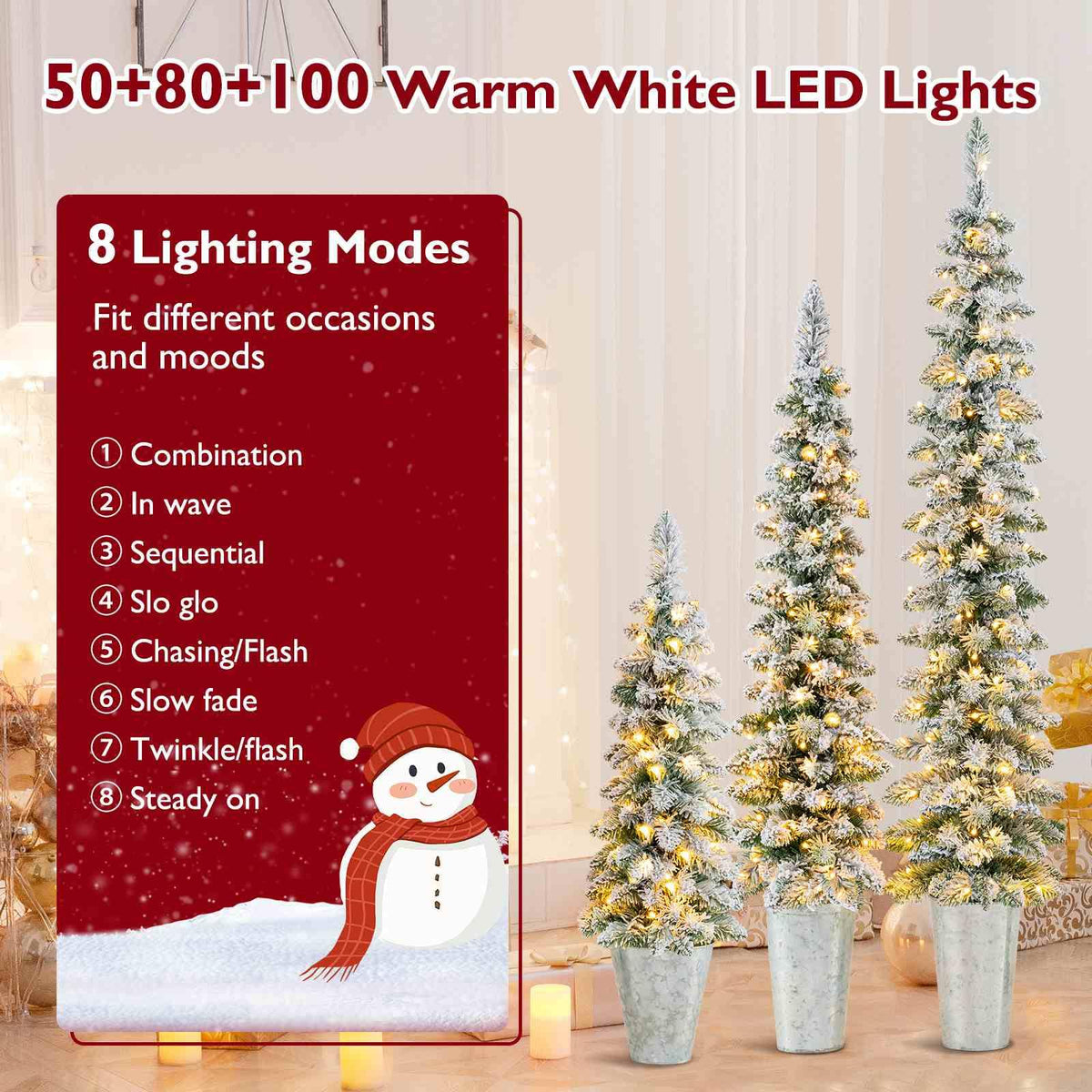 Set of 3 Snow-Flocked Christmas Tree with Silver Metal Buckets for Decoration