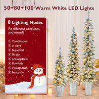 Set of 3 Snow-Flocked Christmas Tree with Silver Metal Buckets for Decoration