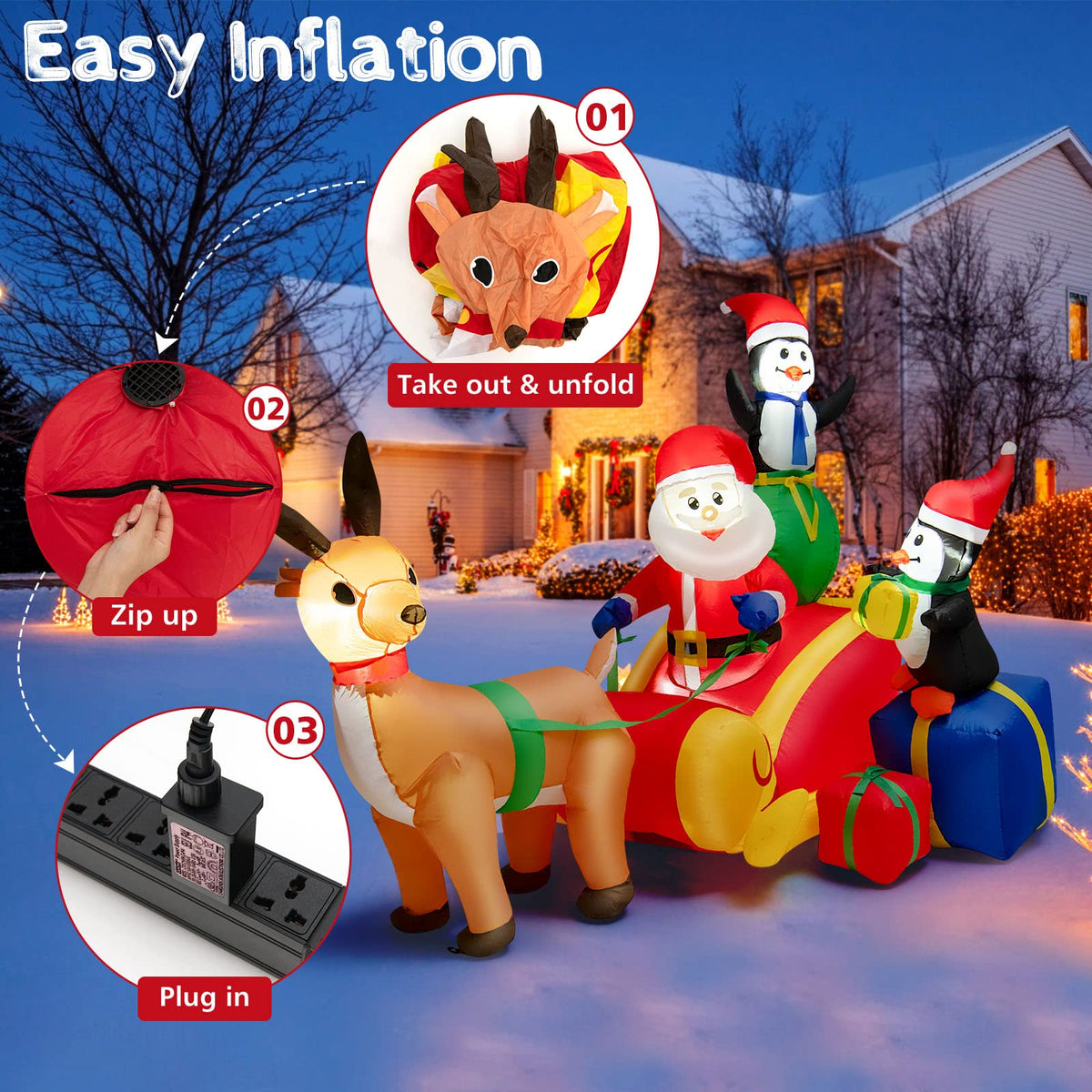 180CM Christmas Inflatable Lighted Santa Claus on Reindeer Sleigh